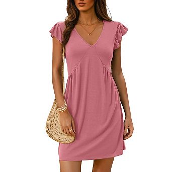 Women's Deep V Neck Vacation Dress Flowy Ruffle Sleeve Loose Fit Sundress