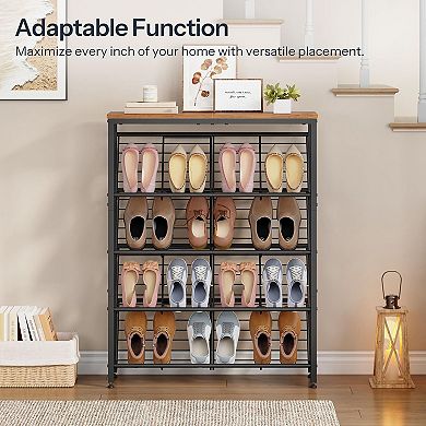 Industrial Shoe Rack Slanted Shelves 4 Tier Plus Top Surface for Entryway Hallway Closet
