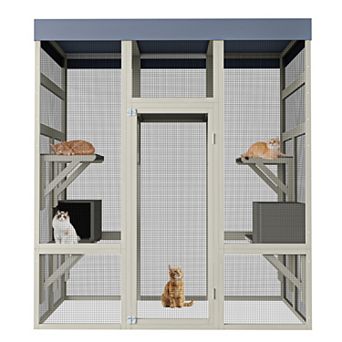 IFMALL Spacious Outdoor Wooden Pet Enclosure with Waterproof Top and Play Platforms