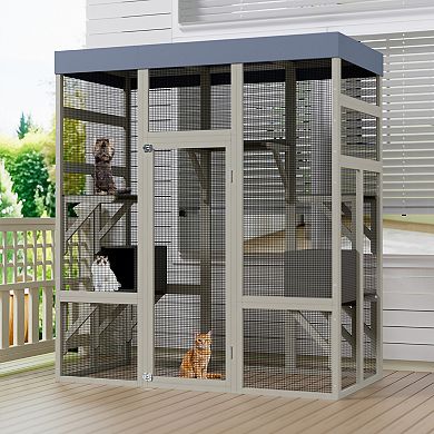 IFMALL Spacious Outdoor Wooden Pet Enclosure with Waterproof Top and Play Platforms