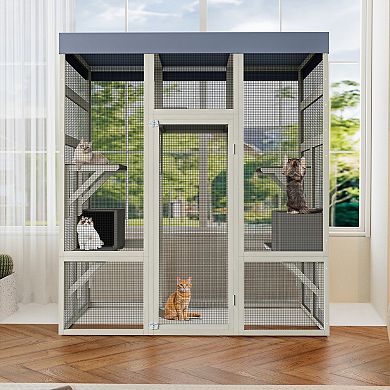IFMALL Spacious Outdoor Wooden Pet Enclosure with Waterproof Top and Play Platforms