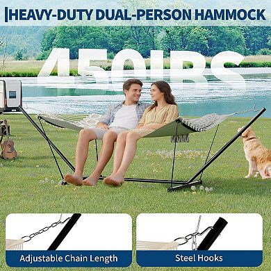 2 Person Outdoor Double Hammock with Steel Stand and Pillow 450 LBS Capacity