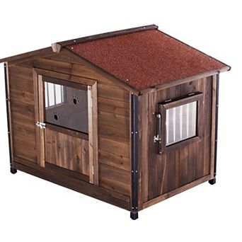 IFMALL Outdoor Large Wooden Cabin Style Dog Kennel with Iron Frame
