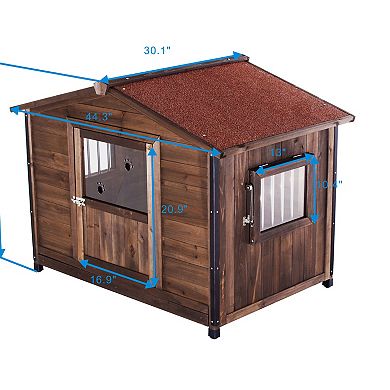 IFMALL Outdoor Large Wooden Cabin Style Dog Kennel with Iron Frame