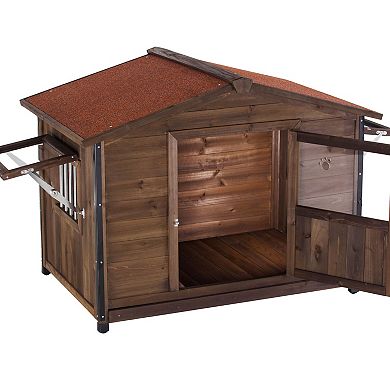 IFMALL Outdoor Large Wooden Cabin Style Dog Kennel with Iron Frame