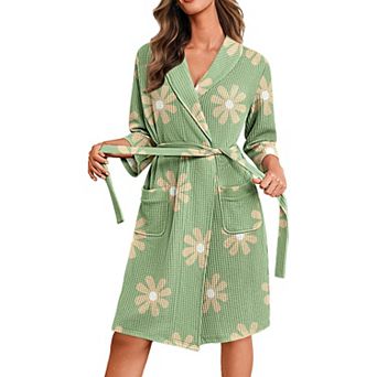 Ekouaer Robes for Women Waffle Knit Bathrobe Lightweight Kimono Robe Knee Length Loungewear