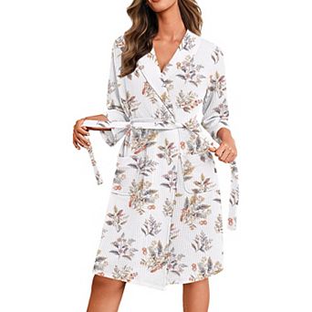 Ekouaer Robes for Women Waffle Knit Bathrobe Lightweight Kimono Robe Knee Length Loungewear