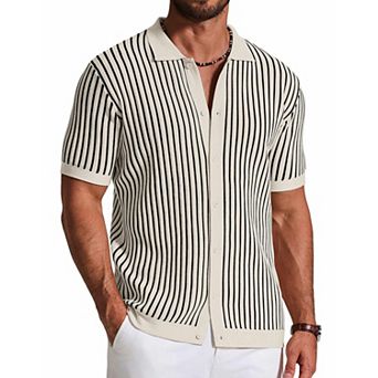COOFANDY Mens Button Down Short Sleeve Shirt Textured Knit Polo Stripes Shirts Vintage Retro