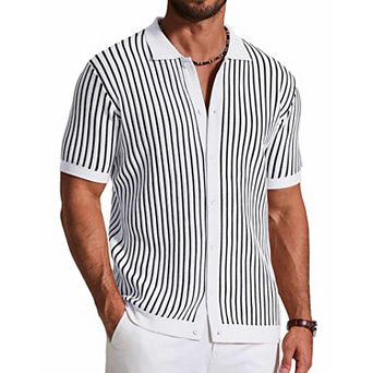 COOFANDY Mens Button Down Short Sleeve Shirt Textured Knit Polo Stripes Shirts Vintage Retro
