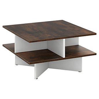 2 tier Square Coffee Table with 4 Open Storage Compartments, 24 inch - Rustic Brown and White