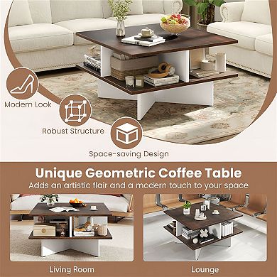 2-Tier Square Coffee Table with 4 Open Storage Compartments, 24 inch - Rustic Brown and White