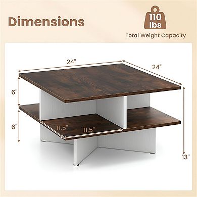 2-Tier Square Coffee Table with 4 Open Storage Compartments, 24 inch - Rustic Brown and White