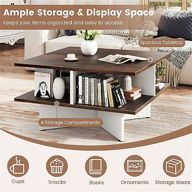 2-Tier Square Coffee Table with 4 Open Storage Compartments, 24 inch - Rustic Brown and White