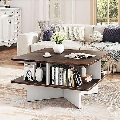 2-Tier Square Coffee Table with 4 Open Storage Compartments, 24 inch - Rustic Brown and White