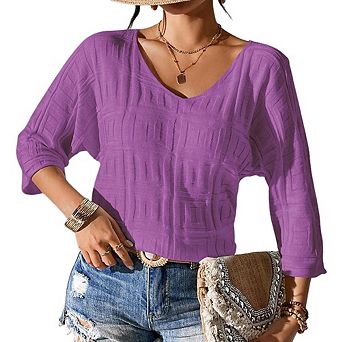 Women's Casual Loose Fit V Neck Textured Knit Mid Sleeve Top