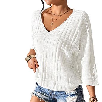 Women's Casual Loose Fit V Neck Textured Knit Mid Sleeve Top