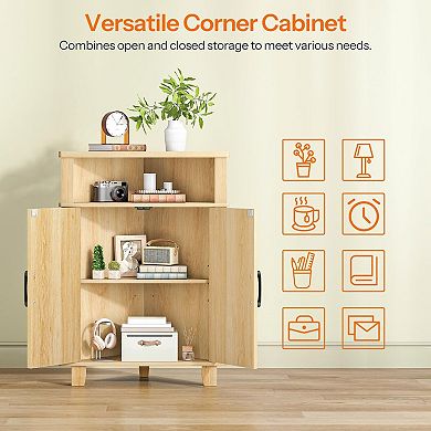 Corner Storage Cabinet with Shelf Fluted Panel Small Corner Organizer for Bathroom Living Room