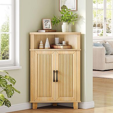 Corner Storage Cabinet with Shelf Fluted Panel Small Corner Organizer for Bathroom Living Room