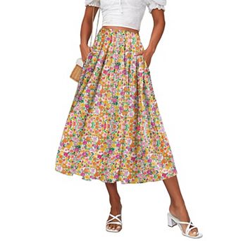 Zeagoo Womens Casual Boho Skirt Polka Dot High Waist Pleated A-Line Swing Midi Skirts with Pockets