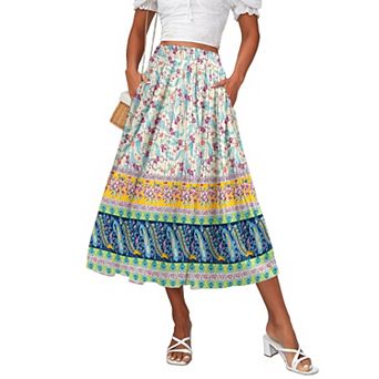 Zeagoo Womens Casual Boho Skirt Polka Dot High Waist Pleated A-Line Swing Midi Skirts with Pockets
