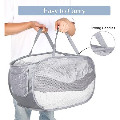 Collapsible Mesh Laundry Hamper with Side Pocket Foldable Basket Durable Handles