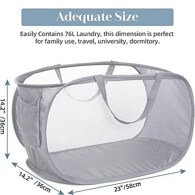Collapsible Mesh Laundry Hamper with Side Pocket Foldable Basket Durable Handles