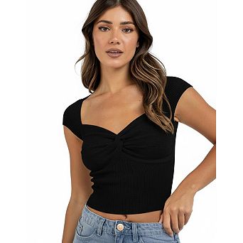 Women's Ribbed Knit Twist-Front Sweetheart Neck Short-Sleeve Crop Top Casual Daily Fitted Blouse