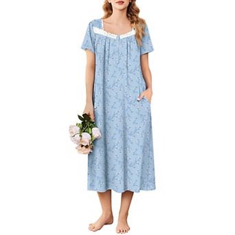 Ekouaer Nightgowns for Women Long Sleepshirts Lace Nightdress Short Sleeve Soft House Dress