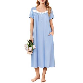 Ekouaer Nightgowns for Women Long Sleepshirts Lace Nightdress Short Sleeve Soft House Dress