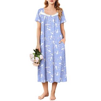 Ekouaer Nightgowns for Women Long Sleepshirts Lace Nightdress Short Sleeve Soft House Dress