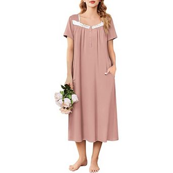 Ekouaer Nightgowns for Women Long Sleepshirts Lace Nightdress Short Sleeve Soft House Dress