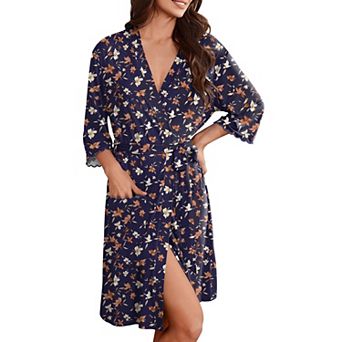 Ekouaer Robes for Women Knee Length Kimono Bathrobe Lightweight 3/4 Sleeve Sleepwear soft