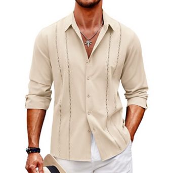 COOFANDY Mens Cuban Guayabera Shirt Casual Button Down Shirts Long Sleeve Beach Linen Shirts