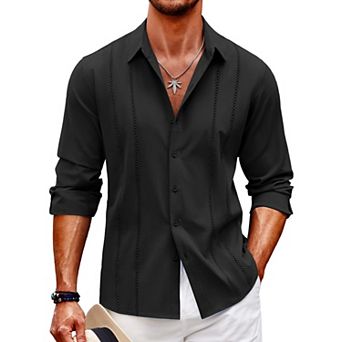 COOFANDY Mens Cuban Guayabera Shirt Casual Button Down Shirts Long Sleeve Beach Linen Shirts