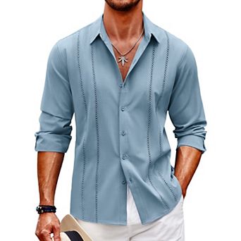COOFANDY Mens Cuban Guayabera Shirt Casual Button Down Shirts Long Sleeve Beach Linen Shirts