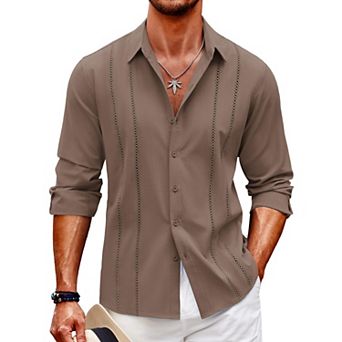 COOFANDY Mens Cuban Guayabera Shirt Casual Button Down Shirts Long Sleeve Beach Linen Shirts