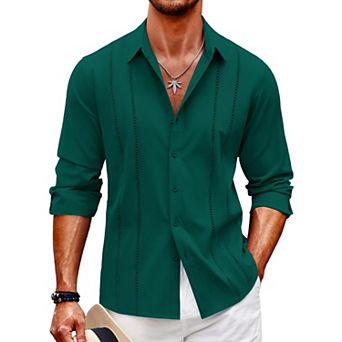COOFANDY Mens Cuban Guayabera Shirt Casual Button Down Shirts Long Sleeve Beach Linen Shirts