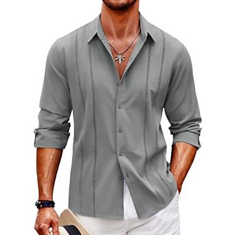 COOFANDY Mens Cuban Guayabera Shirt Casual Button Down Shirts Long Sleeve Beach Linen Shirts