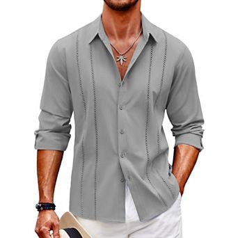 COOFANDY Mens Cuban Guayabera Shirt Casual Button Down Shirts Long Sleeve Beach Linen Shirts