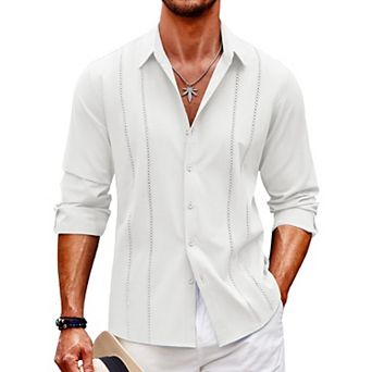 COOFANDY Mens Cuban Guayabera Shirt Casual Button Down Shirts Long Sleeve Beach Linen Shirts