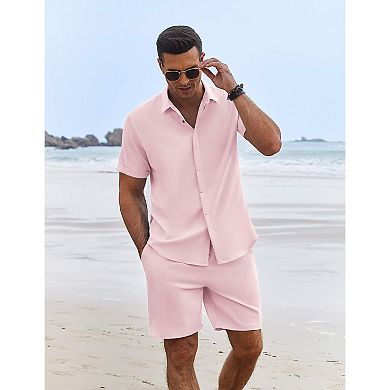 COOFANDY Men' Summer Set Beach Outfits 2 Pcs Short Sleeve Shirts and Shorts Vacation Linen Set
