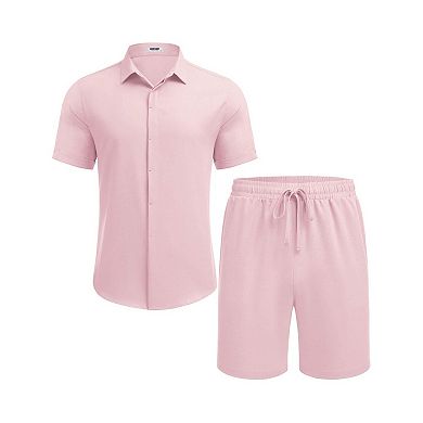 COOFANDY Men' Summer Set Beach Outfits 2 Pcs Short Sleeve Shirts and Shorts Vacation Linen Set