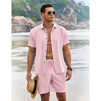 COOFANDY Men' Summer Set Beach Outfits 2 Pcs Short Sleeve Shirts and Shorts Vacation Linen Set