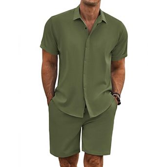 COOFANDY Men' Summer Set Beach Outfits 2 pc Short Sleeve Shirts and Shorts Vacation Linen Set