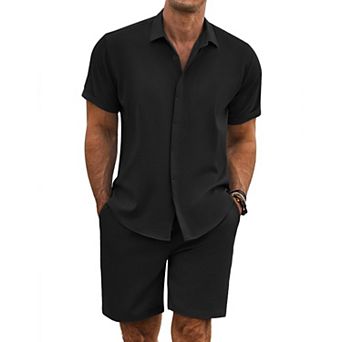 COOFANDY Men' Summer Set Beach Outfits 2 pc Short Sleeve Shirts and Shorts Vacation Linen Set