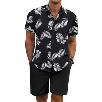 COOFANDY Men' Summer Set Beach Outfits 2 pc Short Sleeve Shirts and Shorts Vacation Linen Set
