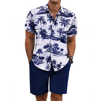 COOFANDY Men' Summer Set Beach Outfits 2 pc Short Sleeve Shirts and Shorts Vacation Linen Set