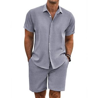 COOFANDY Men' Summer Beach Outfits 2 pc Short Sleeve Shirts and Shorts Vacation Linen Sets