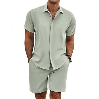 COOFANDY Men' Summer Beach Outfits 2 pc Short Sleeve Shirts and Shorts Vacation Linen Sets