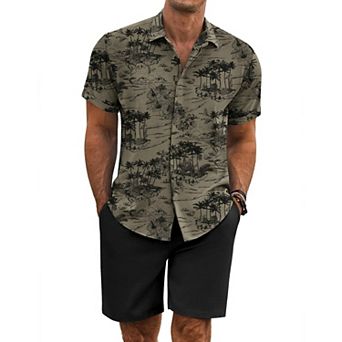 COOFANDY Mens Linen Sets 2 pc Outfits Casual Short Sleeve Button Down Shirts and Shorts Set